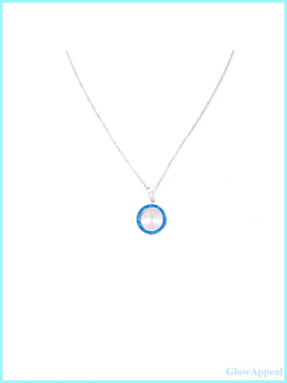 925 Sterling Silver Tree of Life Necklace Blue Opal Round Pendant Rhodium Plated